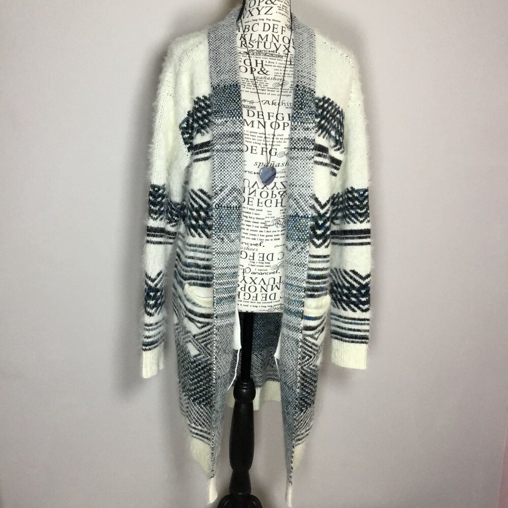 Maurice’s fluffy long duster cardigan blue white Aztec pattern cozy western M